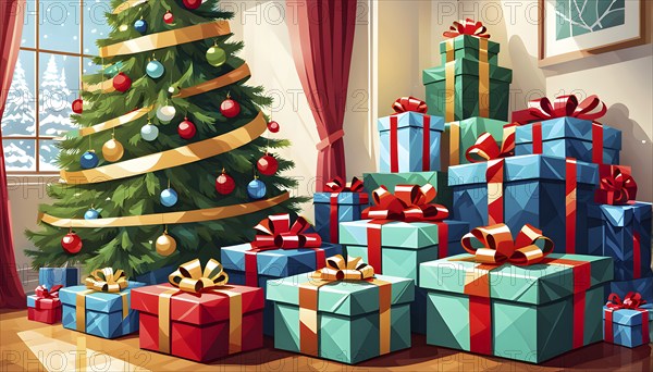 Abstract illustration of wrapped Christmas gifts, shiny ribbons and bows, stacked under a evergreen tree in a cozy living room, AI generated