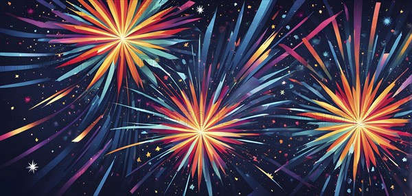 Wallpaper illustration of an explosion of vibrant fireworks colors in a night sky, symbol for happy new year, AI generated
