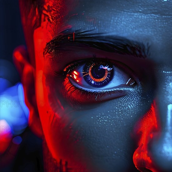 AI generated close up on security camera cyber hackers face digitally imposed on the lens symbolizing surveillance