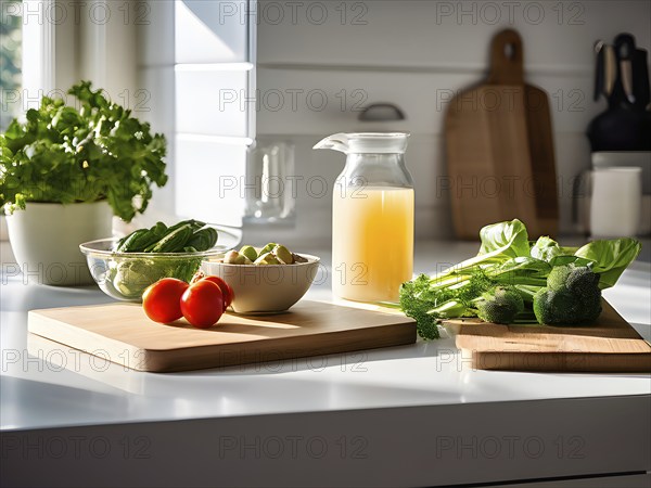 Minimalist kitchen with sleek, white cabinetry and a marble countertop, featuring a single wooden cutting board with freshly cut vegetables, AI generated