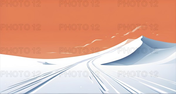 Simplified representation of ski tracks on a pristine snowy slope, created with bold, clean lines, AI generated