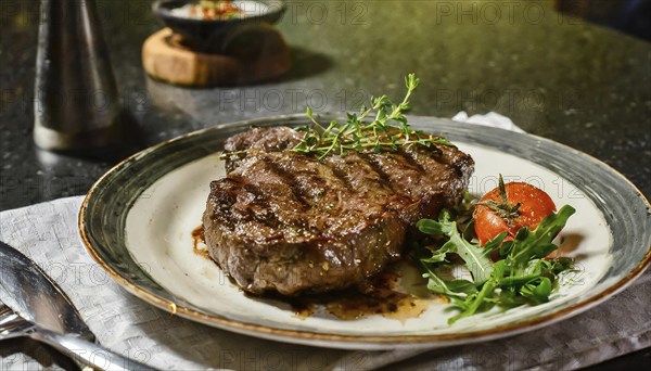 Food, dishes, roasted beef steak, on a plate on the table, AI generated, AI generated