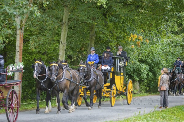 Presentation and route ride, all carriages in stylish tension, popular sporting event over approx. 30 km. An event organised by Reit- und Fahrverein Moritzburg e.V., 29th Moritzburger Teichrundfahrt, Moritzburg, Saxony, Germany, Europe