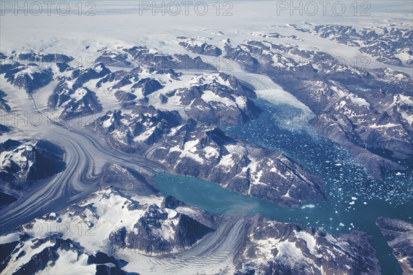 Aerial view of scenic Greenland Glaciers and icebergs