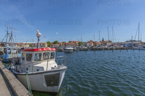 Town view Fåborg, Faaborg, harbour with fishing boats, motorboats and sailing yachts, jetty, Fyn, island Funen, south coast, Danish South Sea, Denmark, Europe