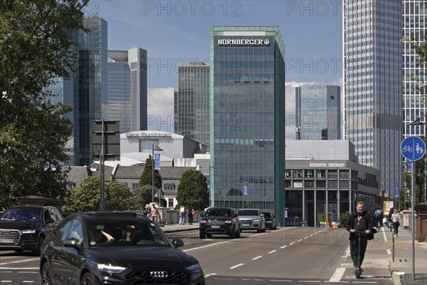 City view with traffic on the Untermainbrücke bridge with high-rise buildings, Frankfurt am Main, Hesse, Germany, Europe