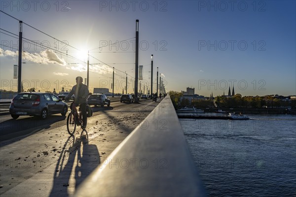 Traffic on the Kennedy Bridge, middle of the 3 Rhine bridges in Bonn, connects the centre of Bonn and the district of Beuel, federal road B56, light rail lines and footpaths and cycle paths, Bonn North Rhine-Westphalia, Germany, Europe