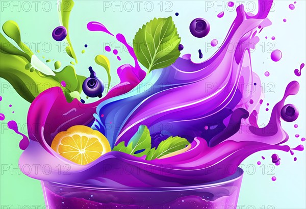 Vibrant smoothie blending abstract shapes and colors, where layers of fruits and greens swirl together, evoking energy and vitality, AI generated
