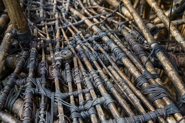 Close-up of a complex bamboo installation with ropes, bamboo sculpture by Doug and Mike Starn, art museum Ordrupgaard, collection of Henny and Wilhelm Hansen, Ordrup, Charlottenlund, near Copenhagen, Denmark, Europe