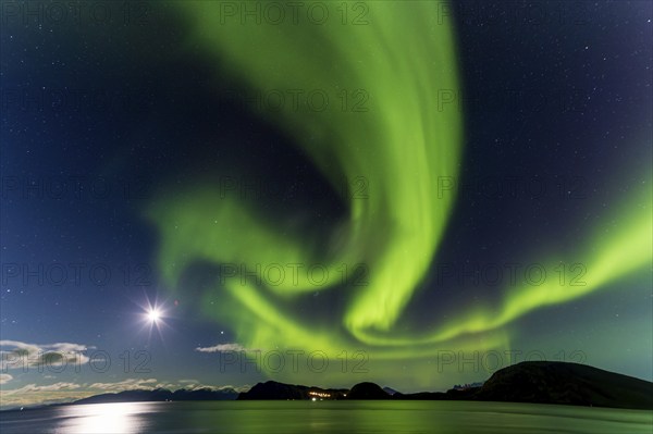 Northern Lights, (Aurora borealis) at a fjord near Skjiervoya, September 2024, Lapland, Finnmark, Norway, Europe