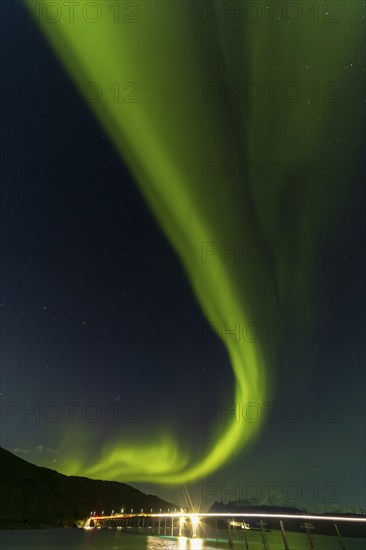 Northern Lights, (Aurora borealis) at a fjord near Skjiervoya, September 2024, Lapland, Finnmark, Norway, Europe