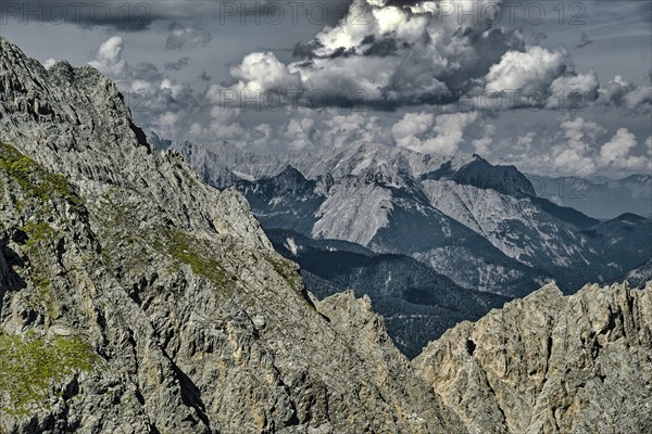 Dramatic weather mood, At the Hafelekar, View from the Karwendelblick of the Innsbruck Nordkette to the Karwendel mountains of the Alps, Alpine landscape, Innsbruck, Tyrol, Austria, Europe