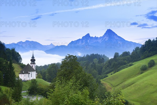 Maria Gern pilgrimage church, view of the Watzmann, in front of sunrise, Berchtesgarden Alps, Berchtesgaden, Berchtesgadener Land, Upper Bavaria, Bavaria, Germany, Europe