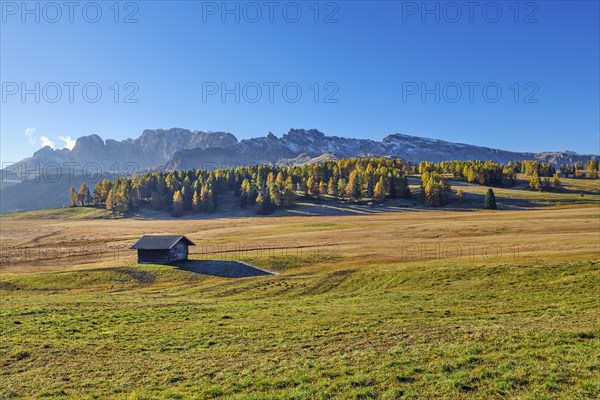 Hut on the Alpe di Siusi, blue sky, autumn, Dolomites, South Tyrol