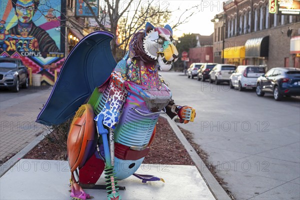 Detroit, Michigan - Alebrijes, or Mexican sculptures of mythical creatures, are on display in Detroit's Mexicantown neighborhood. The sculptures are made from car parts by artist Elton Monroy Duran.
