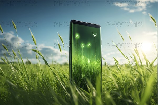 Smartphone screen displaying green grass arrows sprouting upwards symbolizing growth and sustainability, AI generated
