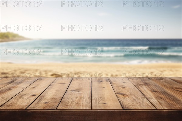 Wooden empty table with blurry beach and ocean background. KI generiert, generiert, AI generated