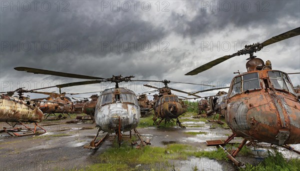 Several rusty and old helicopters stand unnoticed on a dilapidated site under a cloudy sky, symbolic photo, AI generated, AI generated