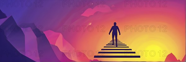 Vector illustration of a person going upstairs as symbol for self growth and personal development, AI generated