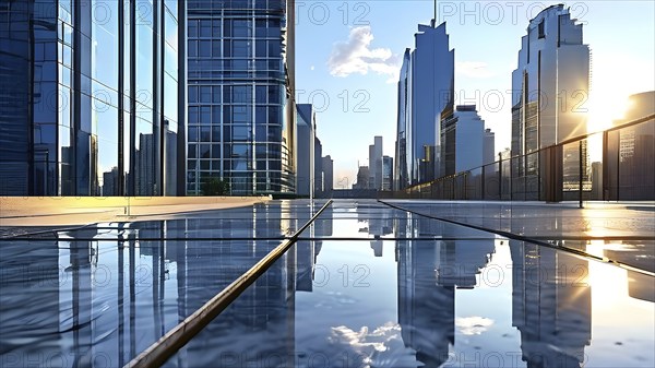 Marble ground with smooth reflective surface framing a view of a contemporary cityscape, AI generated