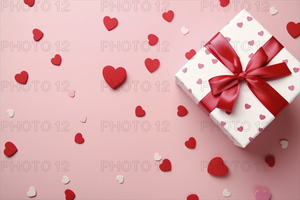 Top view of romantic white Valentine or wedding gift with red ribbon and heart shaped confetti. KI generiert, generiert AI generated