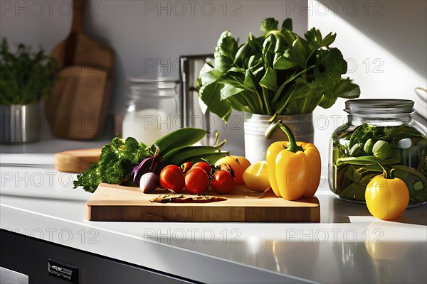 Minimalist kitchen with sleek, white cabinetry and a marble countertop, featuring a single wooden cutting board with freshly cut vegetables, AI generated