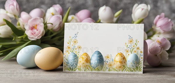 Easter card with delicate hand-drawn illustrations, placed among fresh flowers and decorated eggs, empty space for text, AI generated