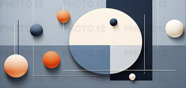Minimalist composition of overlapping geometric shapes, such as circles, squares, and triangles, with clean lines and muted pastel colors, AI generated