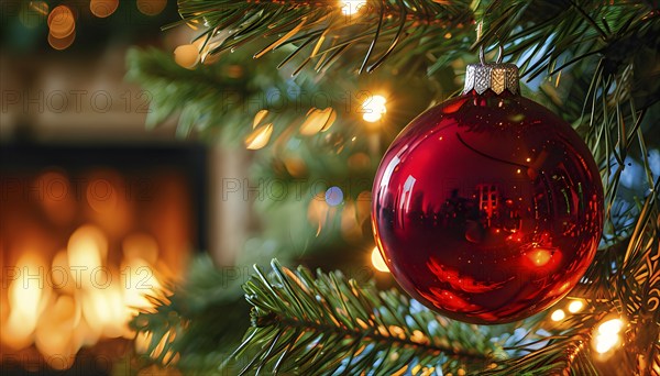 Christmas ornament hanging on a tree, with reflections of twinkling lights and fireplace flames flickering in the background, AI generated