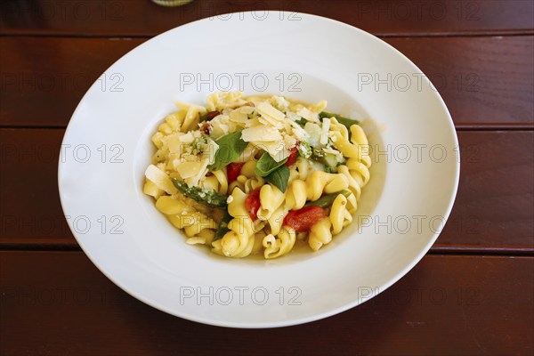 Pasta dish with basil and parmesan, Restaurant Königliche Post, restaurant, food photography, old camp, former military area, biosphere area, Münsingen, Swabian Alb, Baden-Württemberg, Germany, Europe