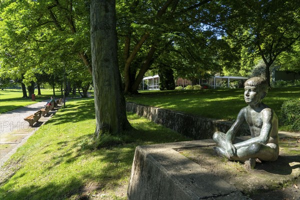Grugapark, Essen, botanical garden, park for leisure and recreation, artwork Seated Boy 1951, North Rhine-Westphalia, Germany, Europe