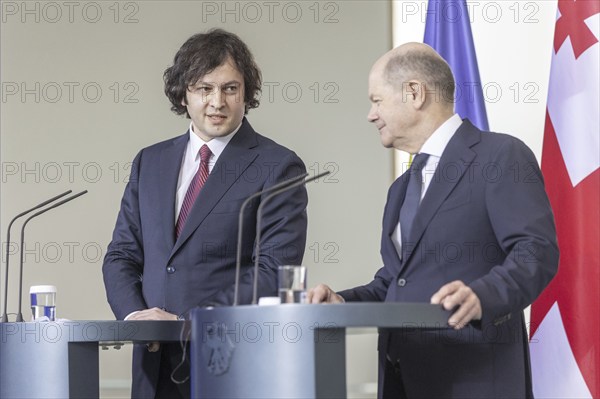Federal Chancellor Olaf Scholz and Irakli Kobakhidze, Prime Minister of Georgia, at a press conference at the Federal Chancellery in Berlin, 12 April 2024