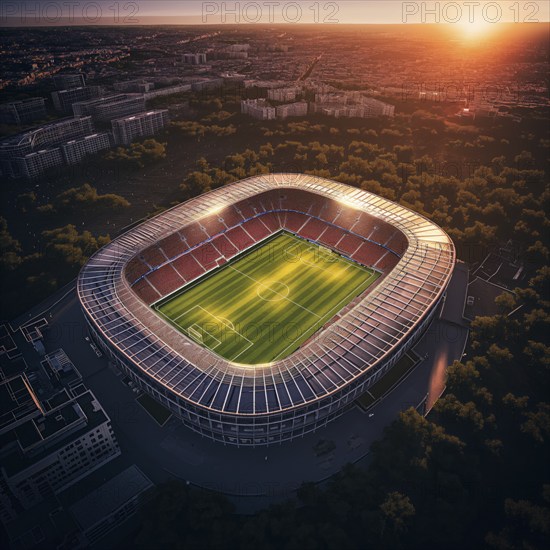 Aerial bird eye top view of a soccer football field stadium on sunset, AI generated