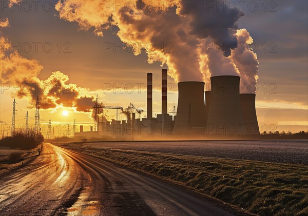 Industrial factory refinery producing a lot of pollution, plume of smokes polluting ozone layer, AI generated