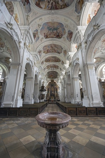 Interior of the originally Gothic hall church, was completely baroqueised in the 18th century, Basilica of St. Mauritius, Niederaltaich, Lower Bavaria, Germany, Europe