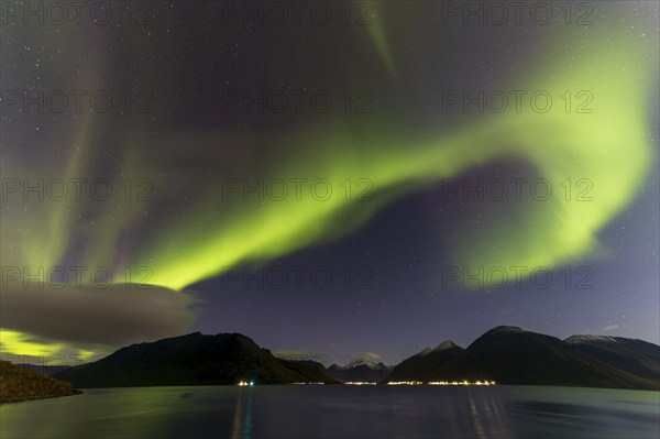 Northern Lights, (Aurora borealis) at a fjord near Skjiervoya, September 2024, Lapland, Finnmark, Norway, Europe