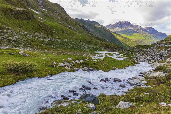 Glacier stream below the Moiry glacier, near Grimentz, Val d'Anniviers, Valais Alps, Canton Valais, Switzerland, Europe