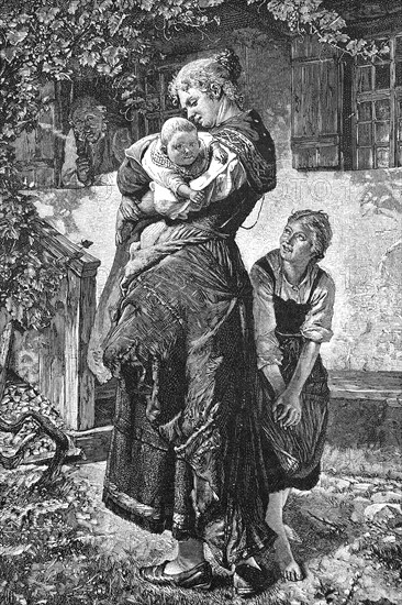 Mother with two children standing in the garden, Germany, 1887, Historical, digital reproduction of an original from the 19th century, Europe