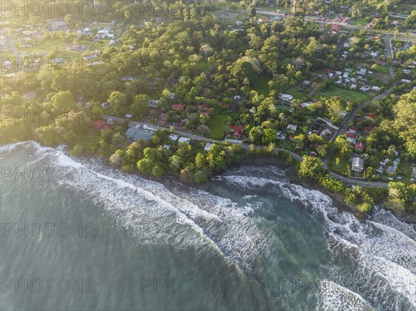 Top-down, aerial view, view of settlement and houses on the coast, Cahuita, Limón, Costa Rica, Central America