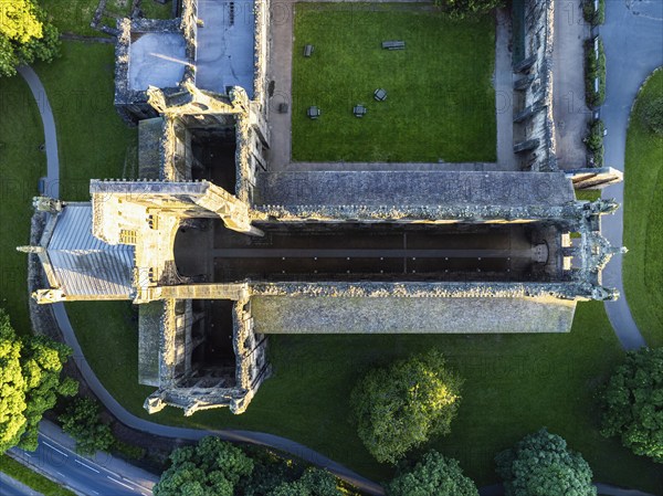 Top Down over Kirkstall Abbey from a drone, Kirkstall, River Aire, Leeds, West Yorkshire, England, United Kingdom, Europe