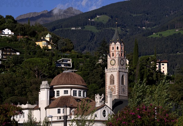 Spa hotel, behind the parish church of St Nicholas, Merano, Merano, Old Town, South Tyrol, Autonomous Province of Bolzano, Italy, Europe