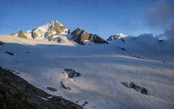 High alpine mountain landscape, summit of the Aiguille de Chardonnet and Glacier du Tour, glaciers and mountain peaks, Chamonix, Haute-Savoie, France, Europe