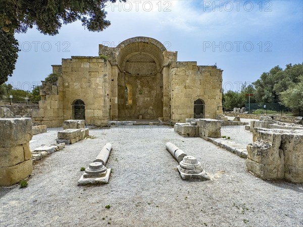 View of remains of ruins of Titus Basilica with front cornerstones of portal and recumbent columns marked dimensions area of historic early Christian basilica from 6th century in excavation site ancient Roman city of Gortys Gortyn former capital of Crete, Gortyna, Crete, Greece, Europe