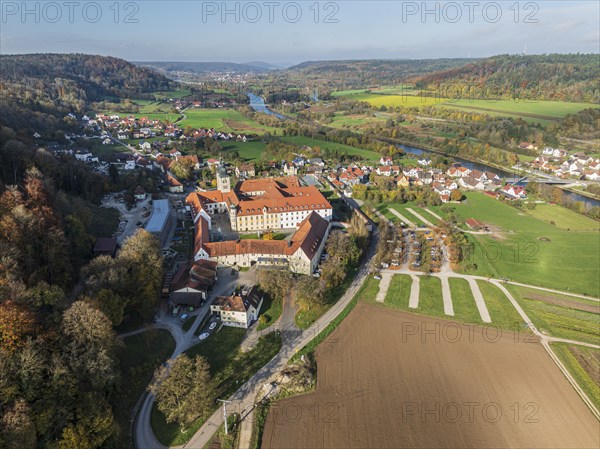 Aerial view of Plankstetten with Benedictine Abbey, Plankstetten, Berching, Bavaria, Germany, Europe