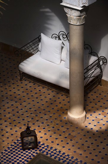 Riad courtyard, pillar, sofa, wellness, travel, tourism, architecture, Arabic, Orient, oriental, house, interior, building, decoration, tile, tiled, Mediterranean, Morocco, Africa