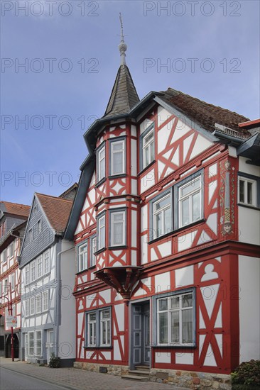 Historic half-timbered house with oriel and turret built in the 17th century, Griedeler Straße, Butzbach, Wetterau, Hesse, Germany, Europe
