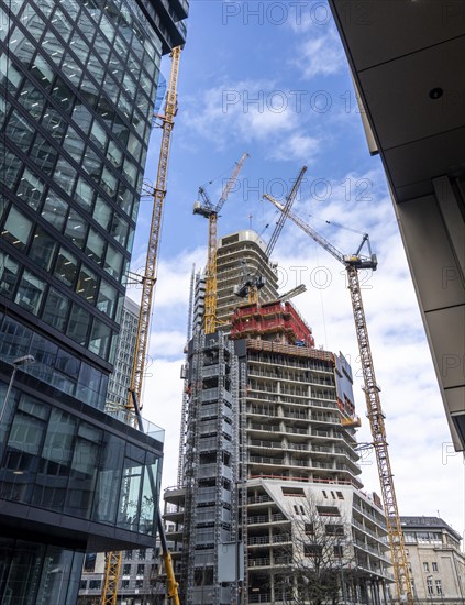 Construction site of the FOUR construction project, 4 high-rise towers at Roßmarkt in Frankfurt am Main, will be up to 228 metres high, with 59 storeys, for use as office buildings, flats, hotels and restaurants, Hesse, Germany, Europe