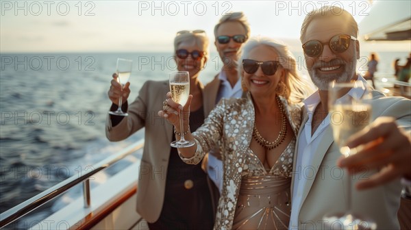 Group of friends enjoying cocktails on the deck of a luxury cruise ship. generative AI, AI generated