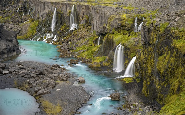 Waterfalls and a turquoise blue river flowing through a canyon, Sigöldugljúfur, long exposure, Icelandic highlands, Iceland, Europe