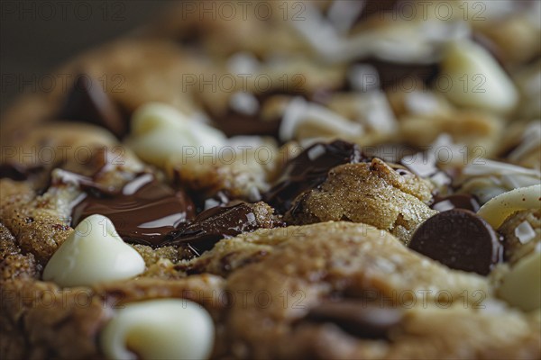 Close up of freshly baked chocolate chip cookie. Generative Ai, AI generated
